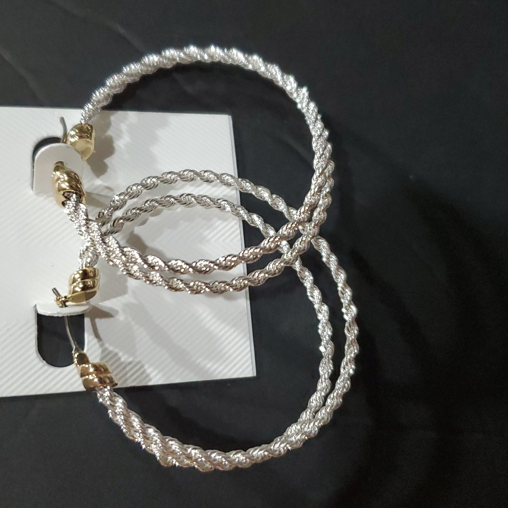 Lauren Ralph Lauren two Tone Rope Split gold and silver plated hoop Earrings new - Picture 8 of 9